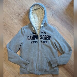 Campus Crew Faux Fur Lined Gray Lifted Letters Women's Hoodie Size Large